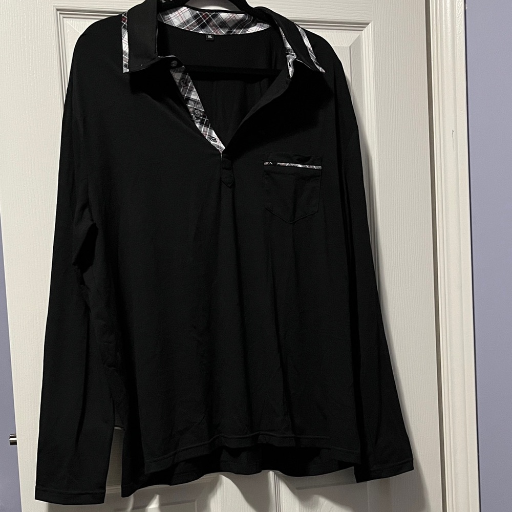 New Men's Long-Sleeve Polo Shirt Black with Plaid Accents Fall Winter Office